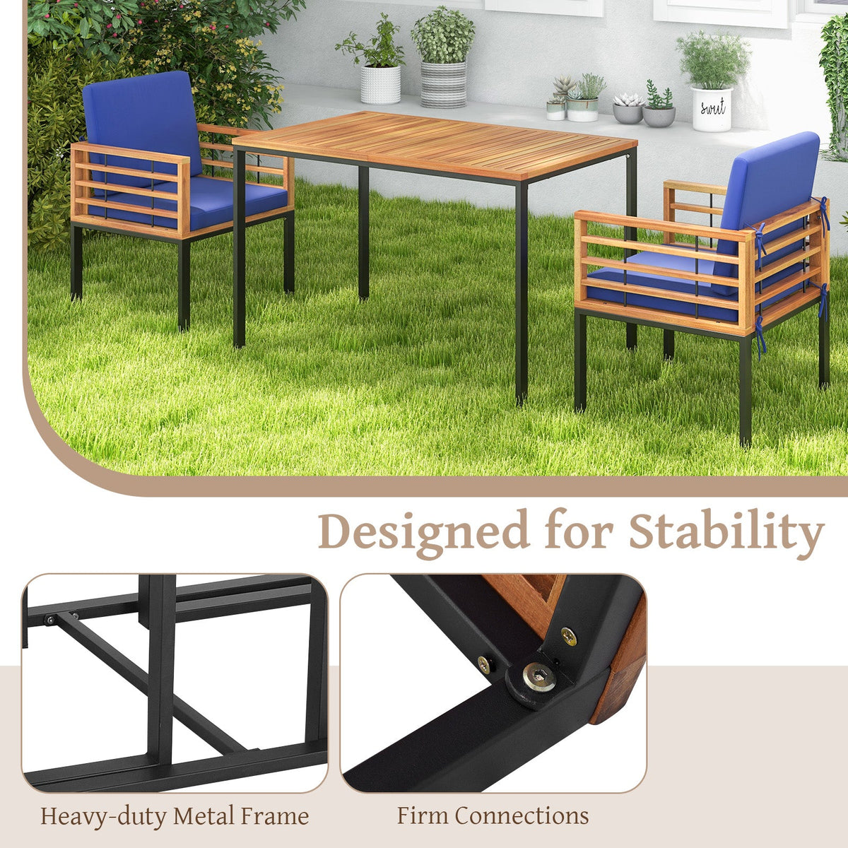 3 Pieces Outdoor Dining Set with 2 Acacia Wood Armchairs and Dining Table-Navy