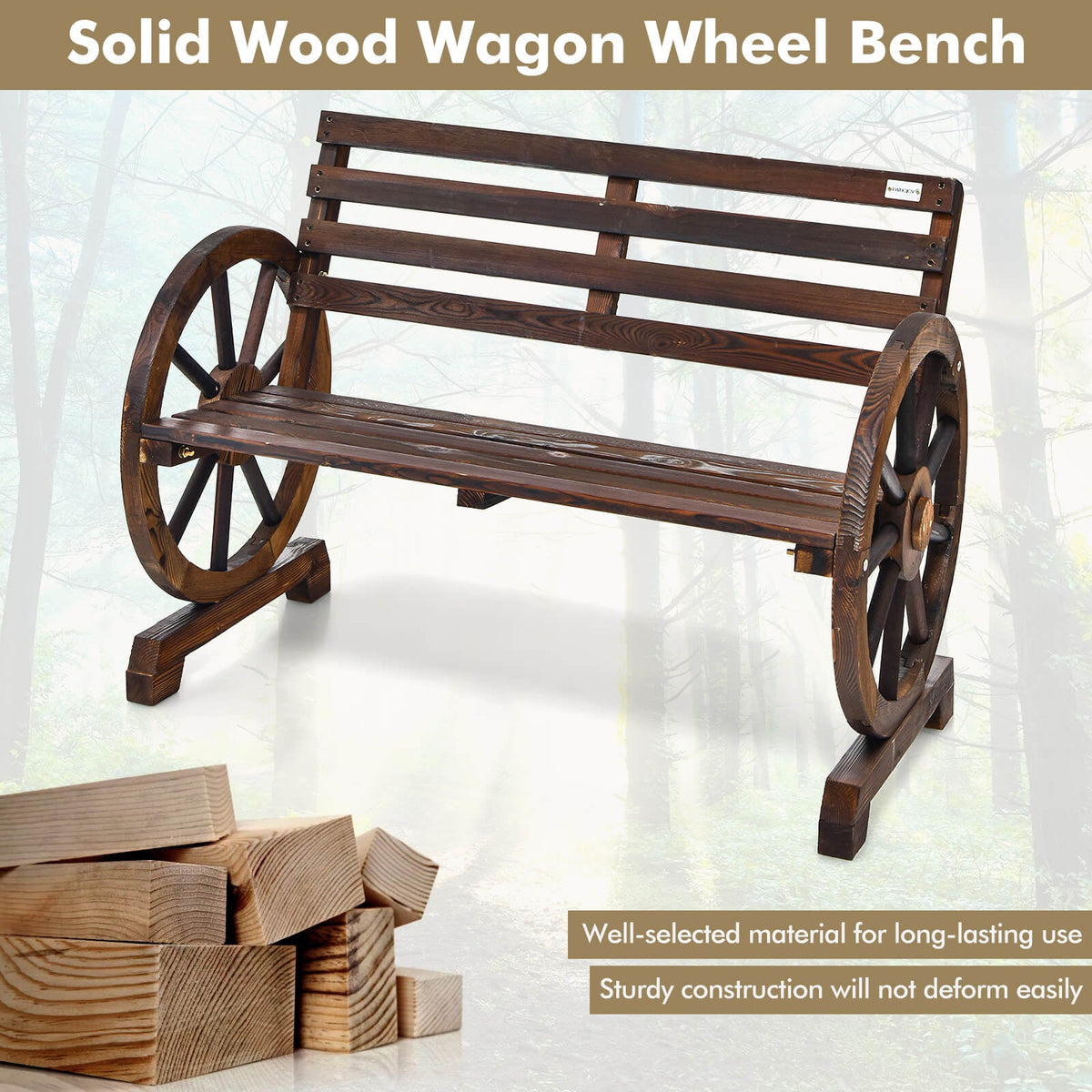 2-Person Outdoor Wooden Wagon Wheel Garden Bench-Brown