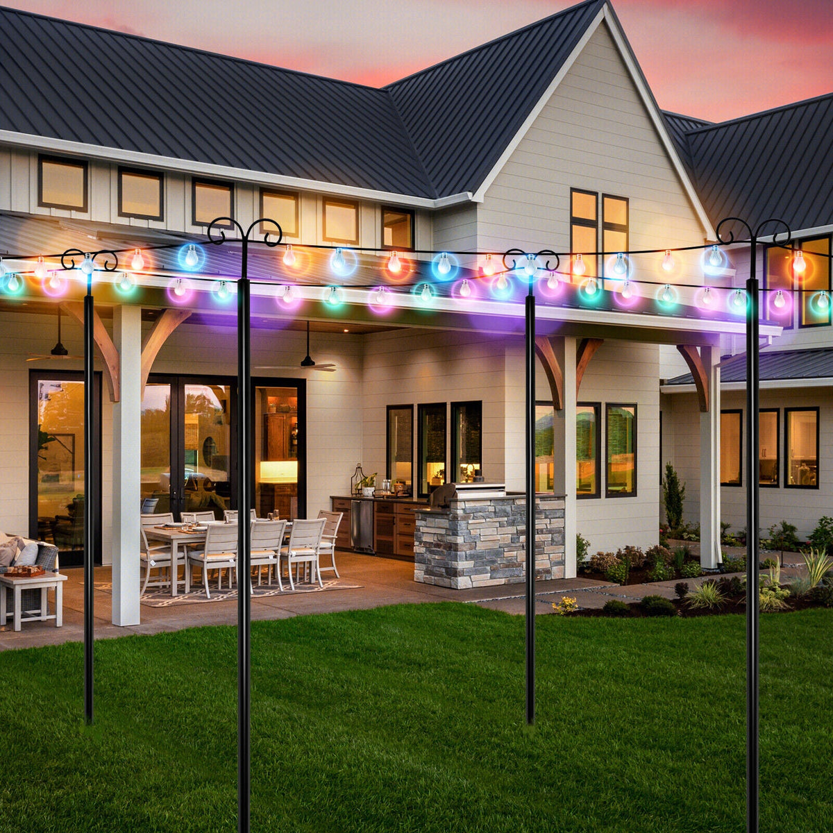 String Light Poles 2 Pack Outdoor Metal Poles with Top Arc Hook and 5-Prong Base