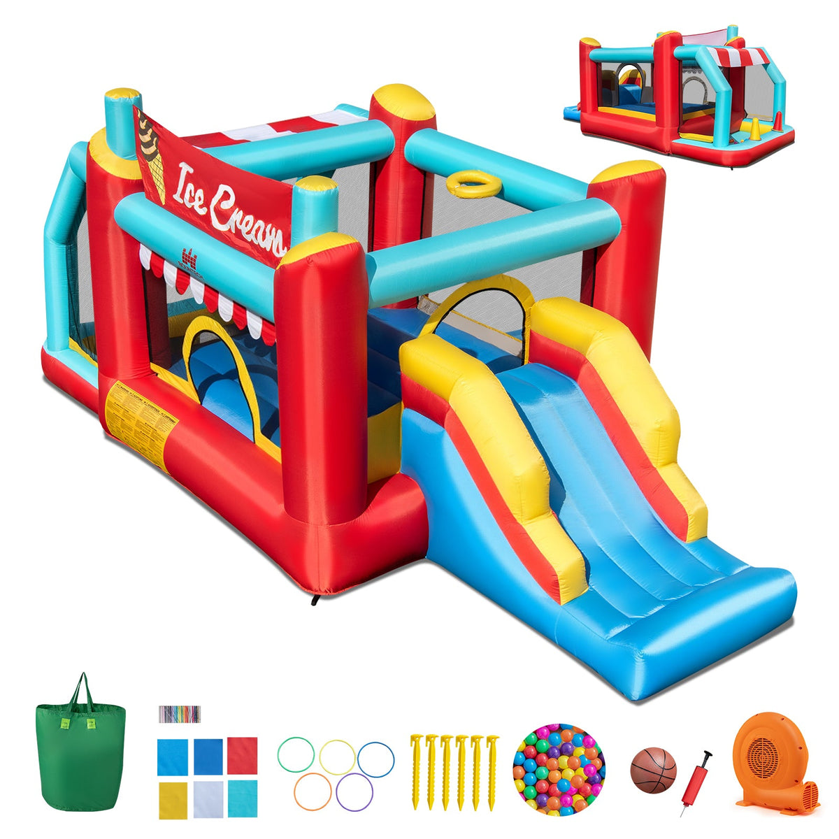5-in-1 Ice Cream Inflatable Bounce House with Ball Pit and Slide with 520W Blower