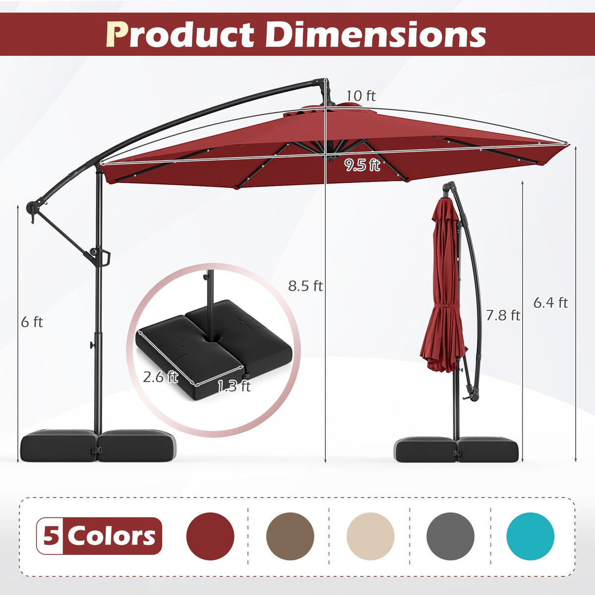 10 Feet Solar Offset Hanging Umbrella with Base and 32 LED Lights-Wine