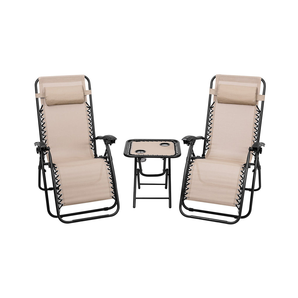 3 Pieces Folding Portable Zero Gravity Reclining Lounge Chairs Table Set