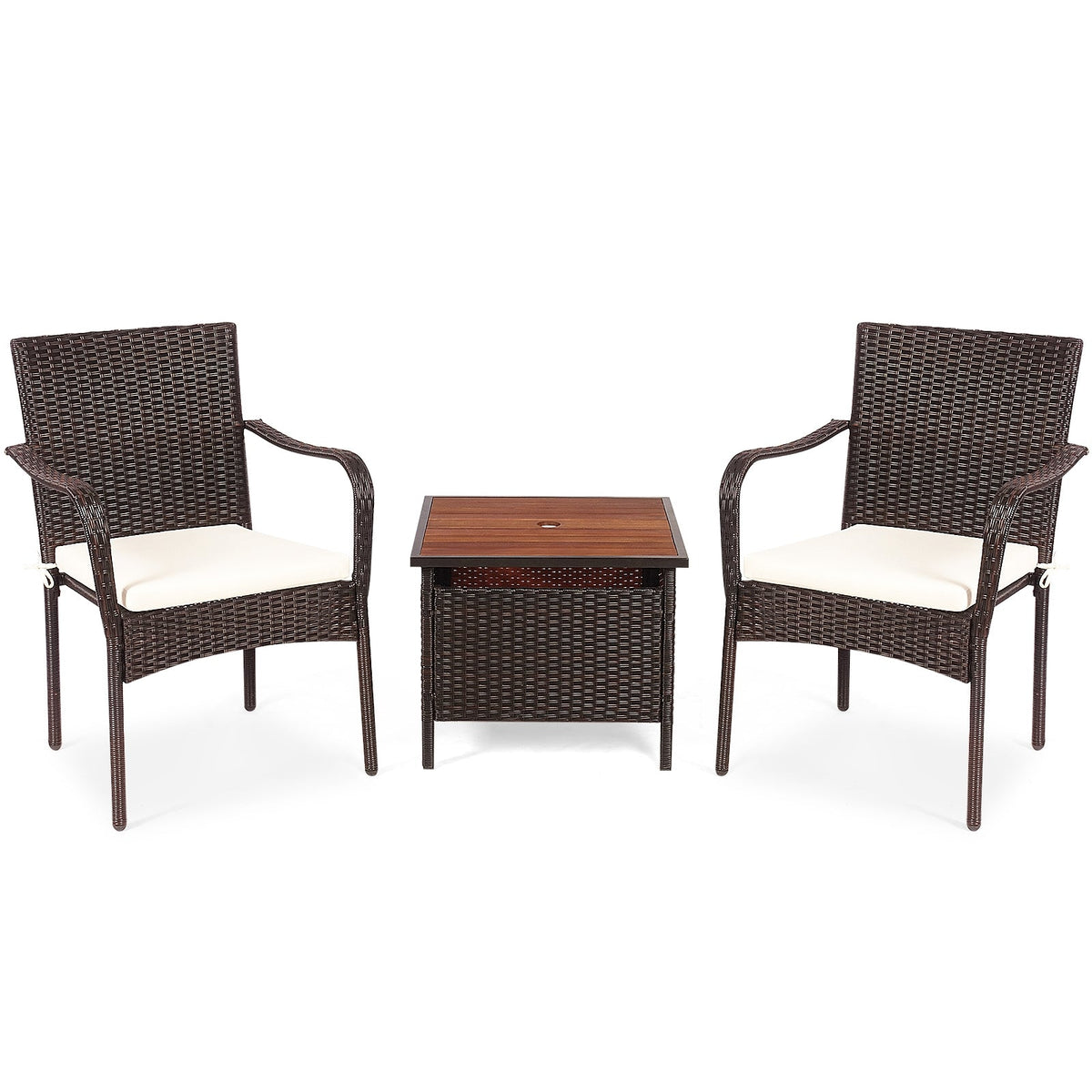 3 Pieces Patio Rattan Furniture Bistro Set with Wood Side Table and Stackable Chair