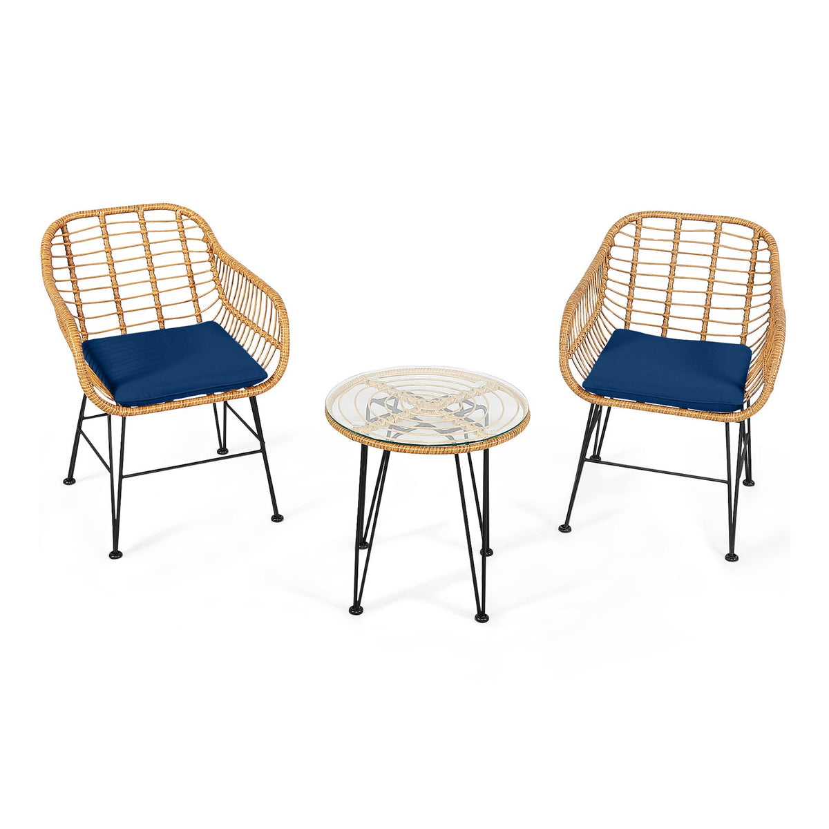 3 Pieces Rattan Furniture Set with Cushioned Chair Table