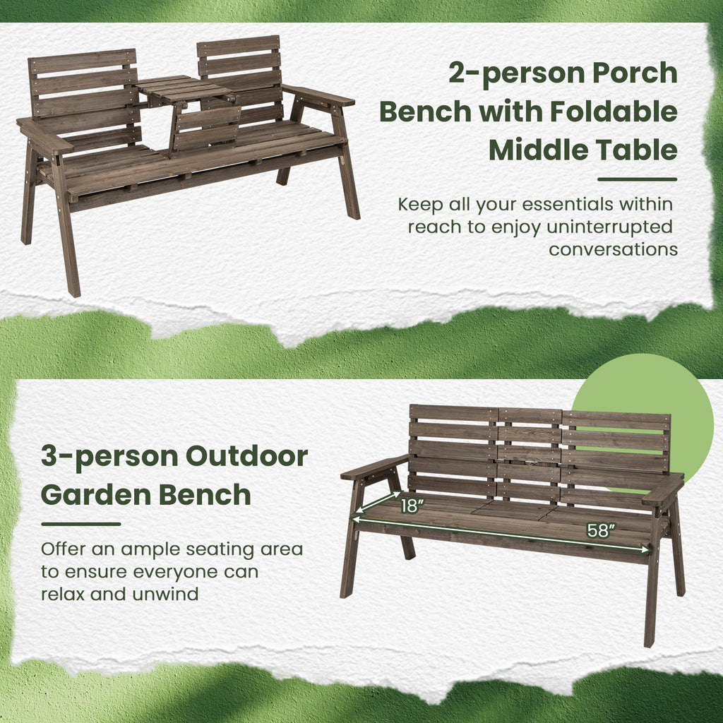 Outdoor Fir Wood Bench with Foldable Middle Table