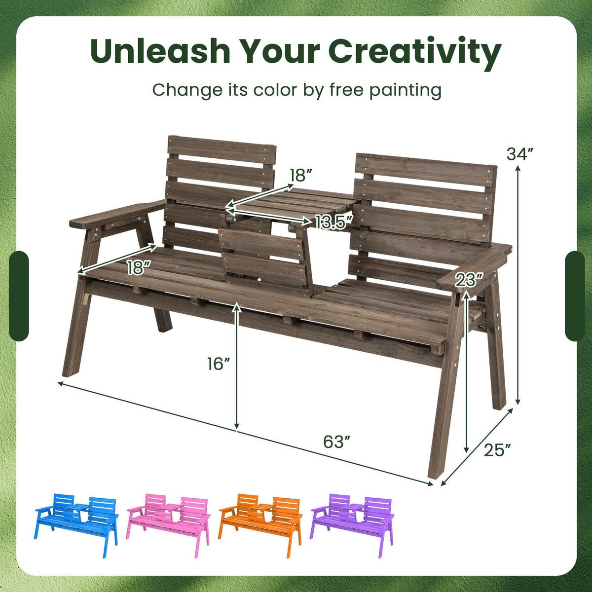 Outdoor Fir Wood Bench with Foldable Middle Table