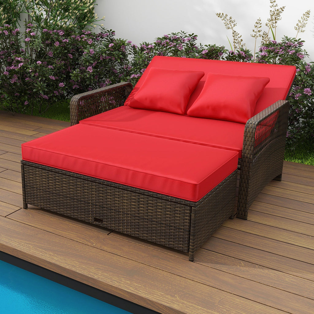 Patio Adjustable Wicker Daybed with 4-Level Backrest and Soft Cushions