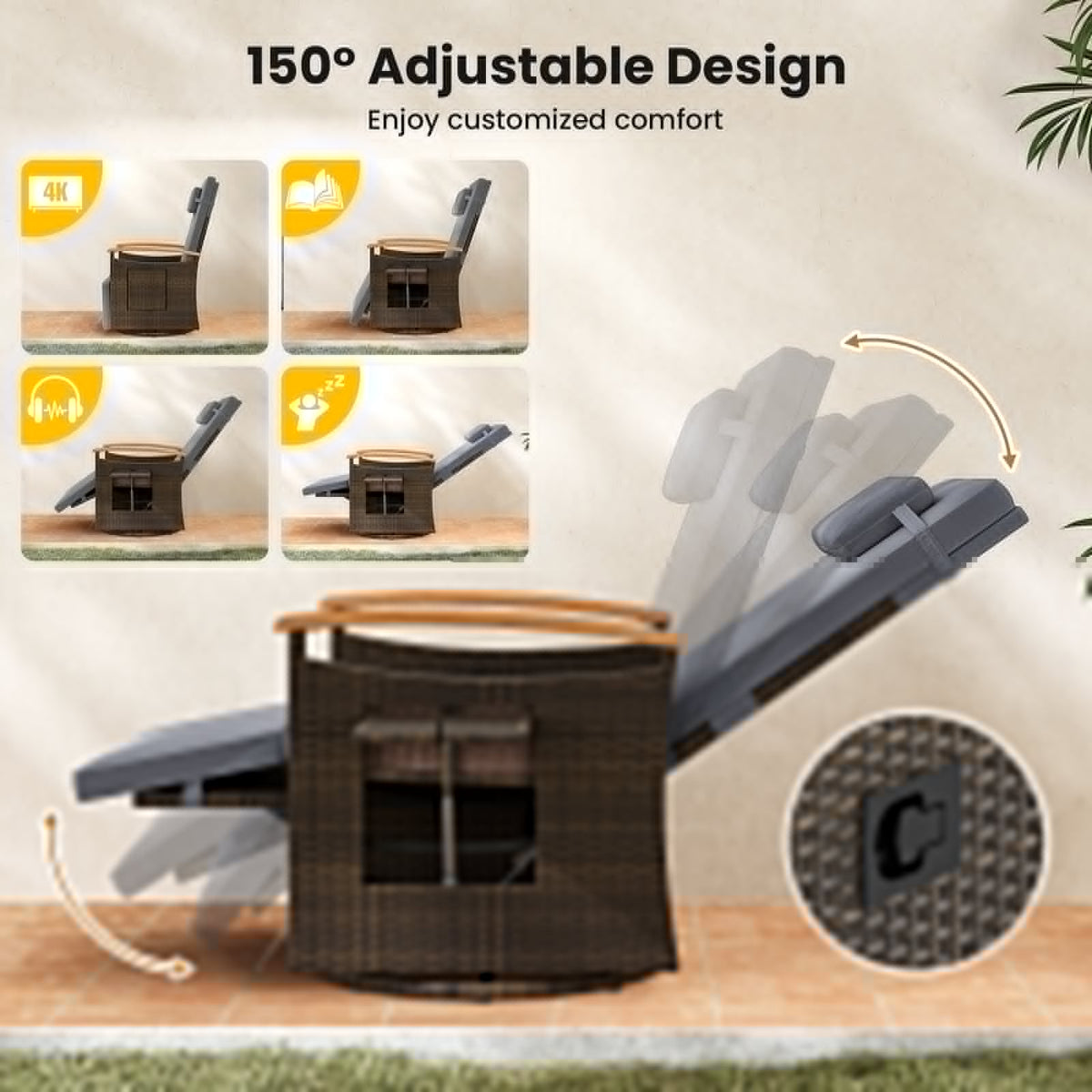 Swivel Reclining Chaise Lounge Set with Adjustable Backrest