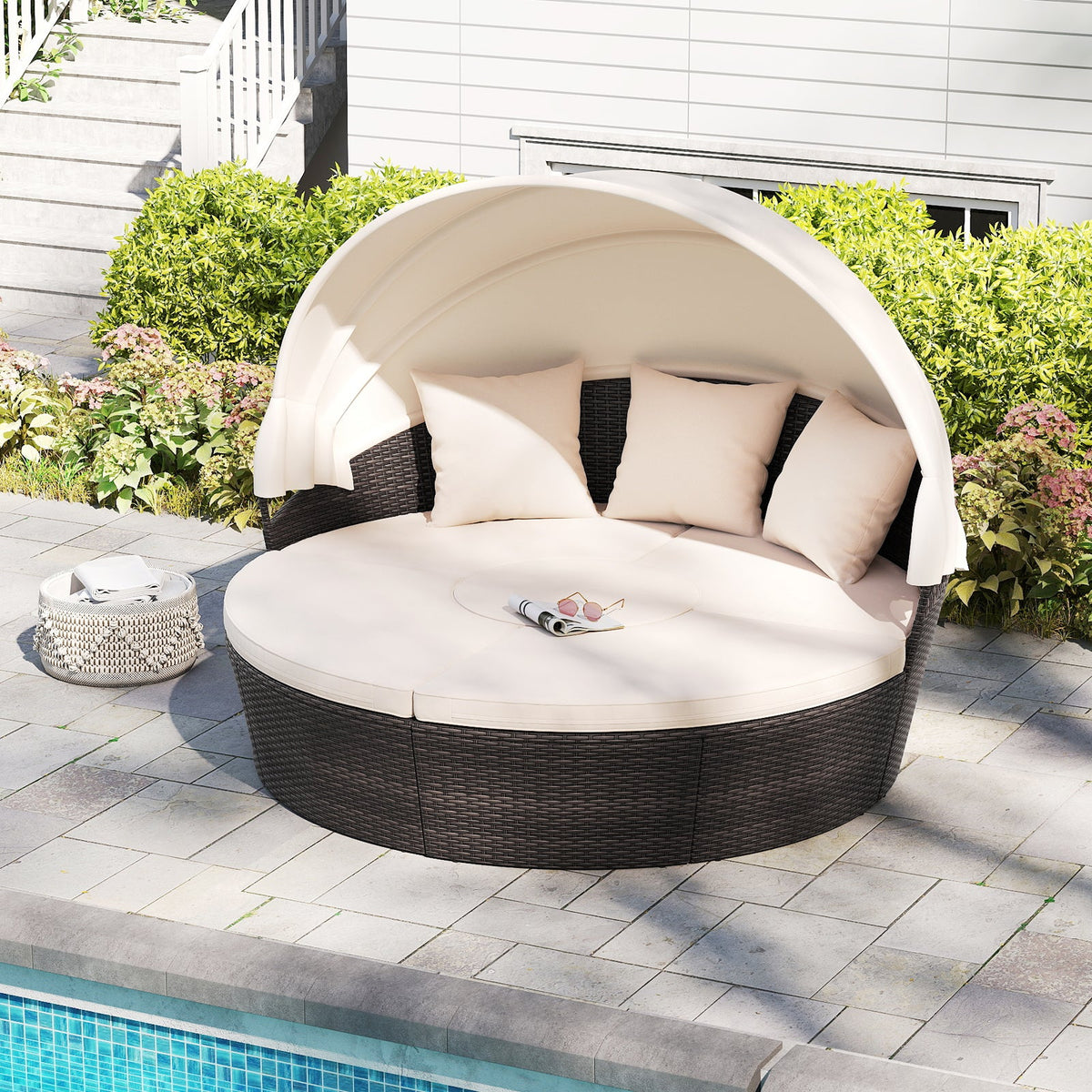 Patio Round Daybed with Retractable Canopy-White