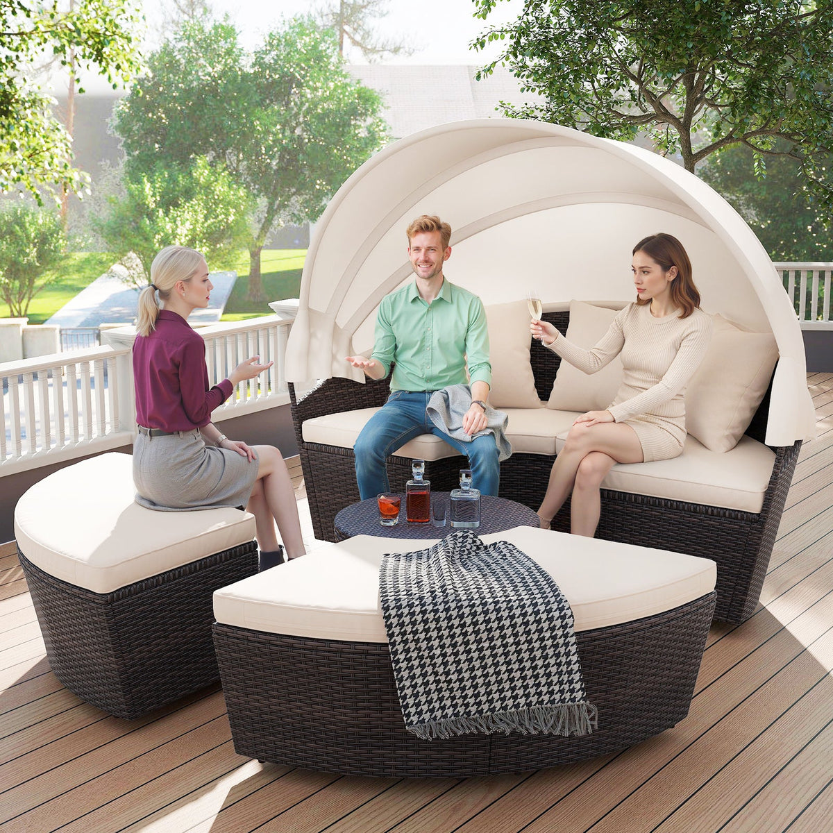 Patio Round Daybed with Retractable Canopy-White
