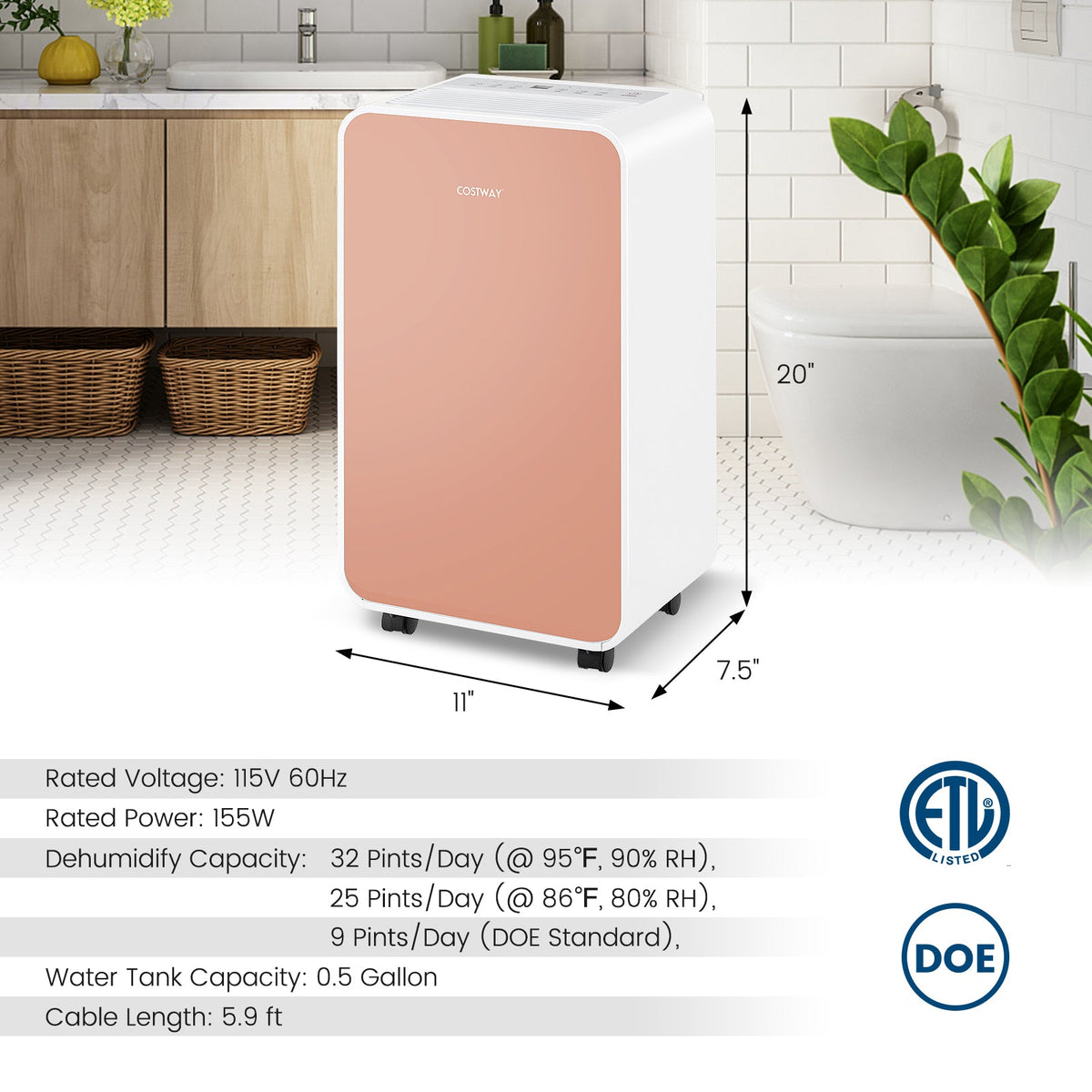 32 Pints/Day Portable Quiet Dehumidifier for Rooms up to 2500 Sq. Ft