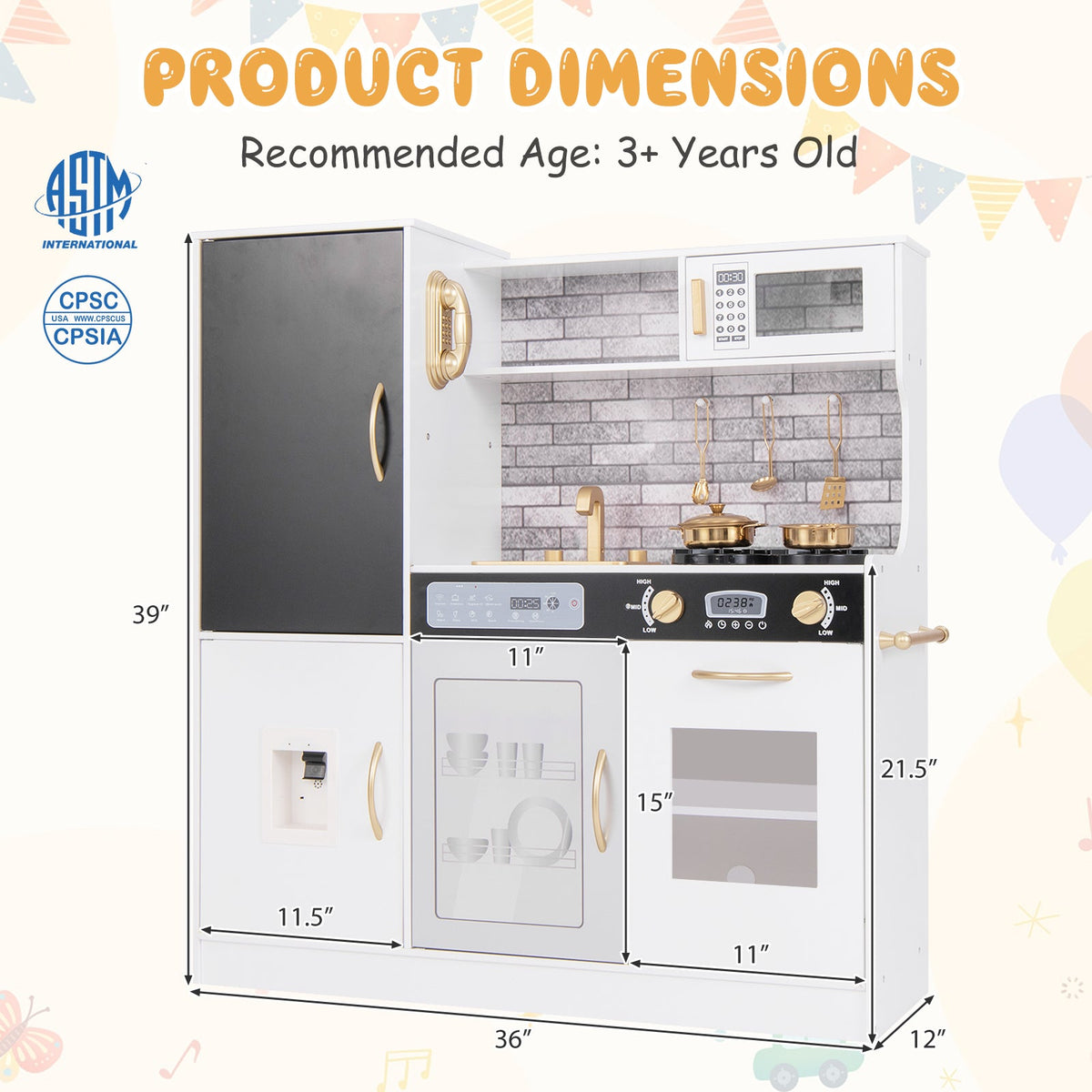 Pretend Play Kitchen with Utensils for Kids Aged 3+-White