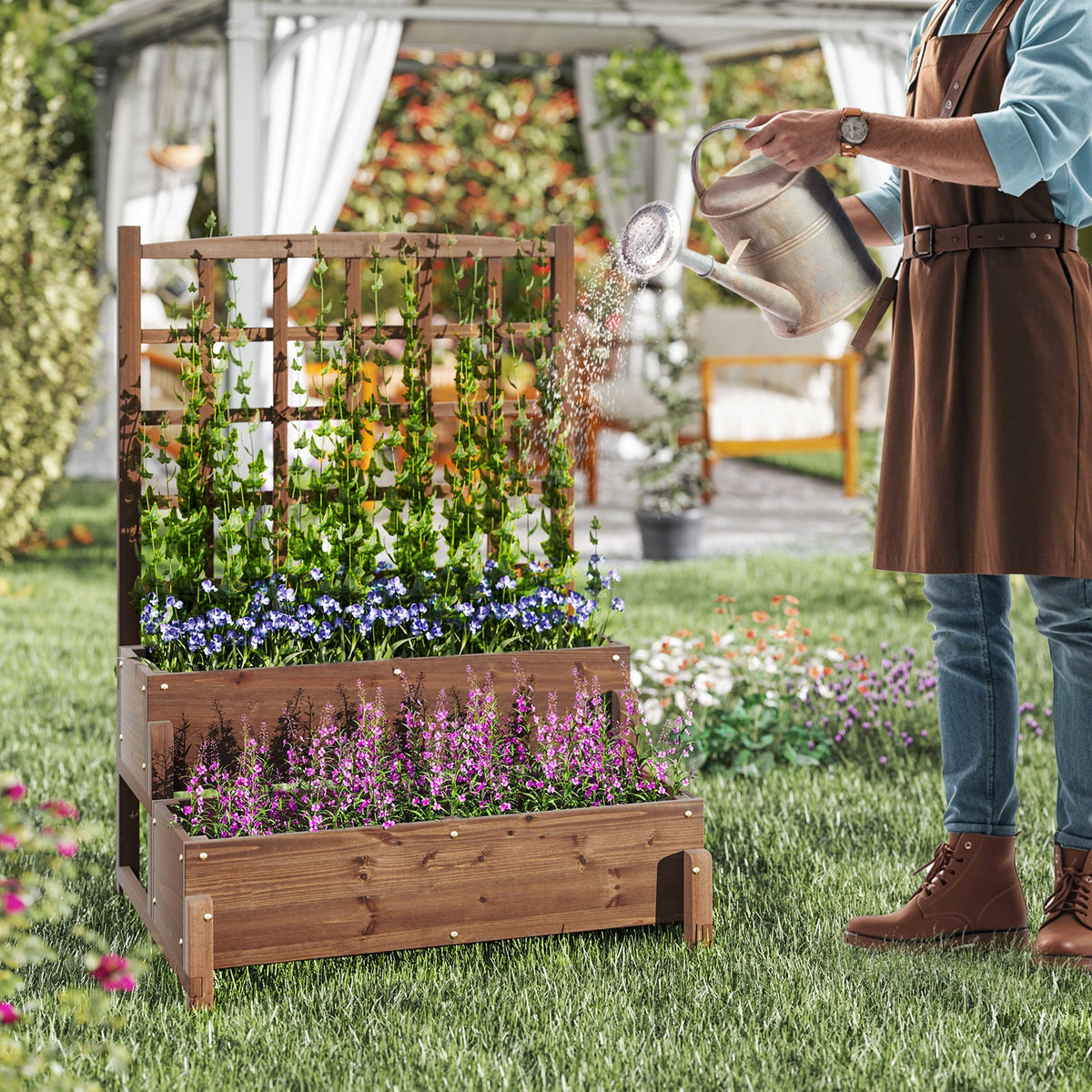 Raised Garden Bed with Trellis 2-tier Wood Planter Box with Drainage Holes-Rustic Brown