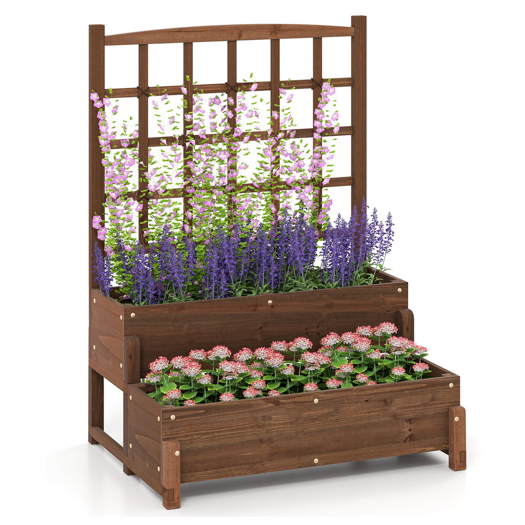 Raised Garden Bed with Trellis 2-tier Wood Planter Box with Drainage Holes-Rustic Brown