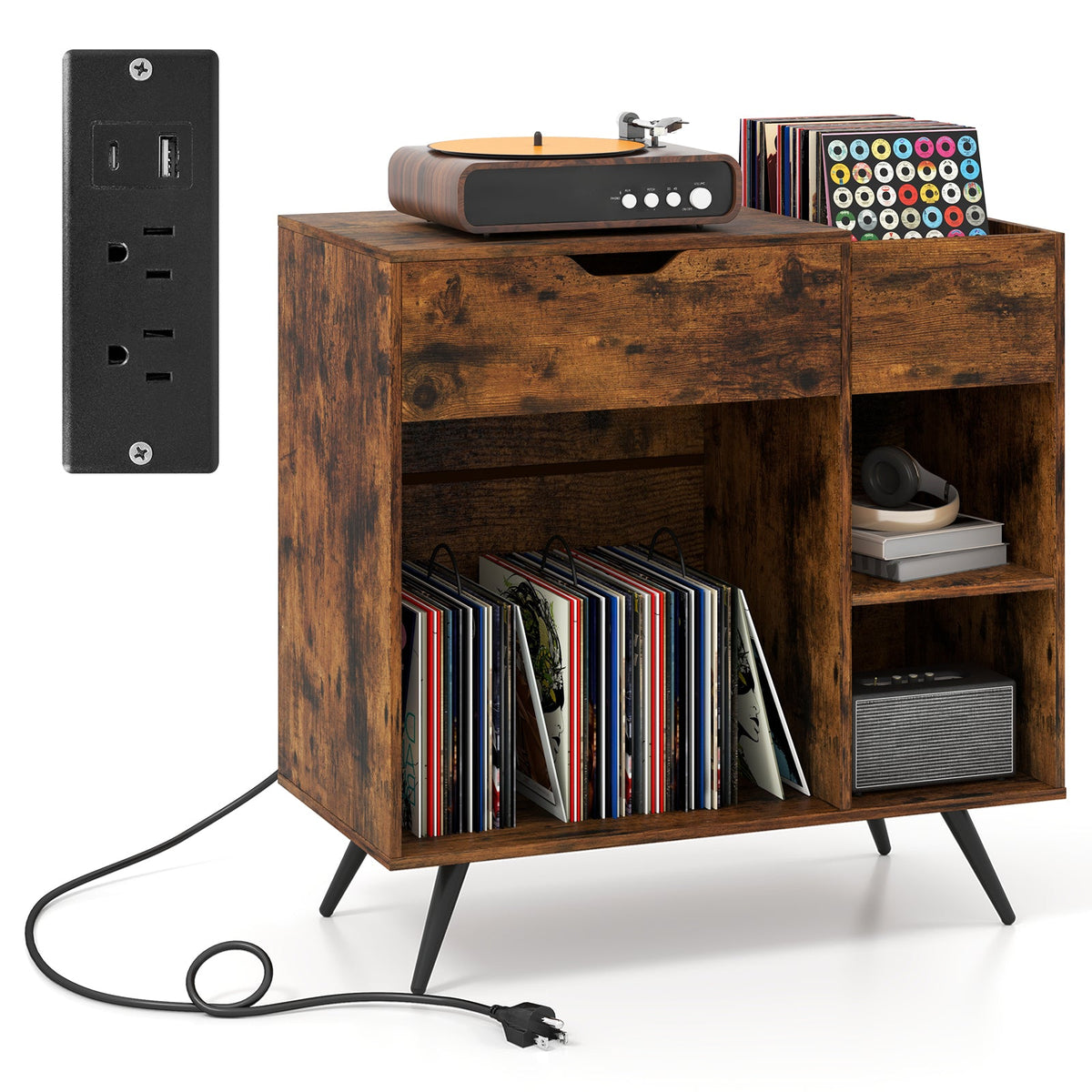 Record Player Stand with Power Outlet-Rustic Brown