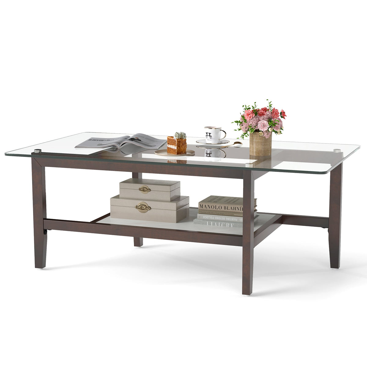 42 Inch Rectangular 2-Tier Glass Coffee Table with Storage Shelf-Brown
