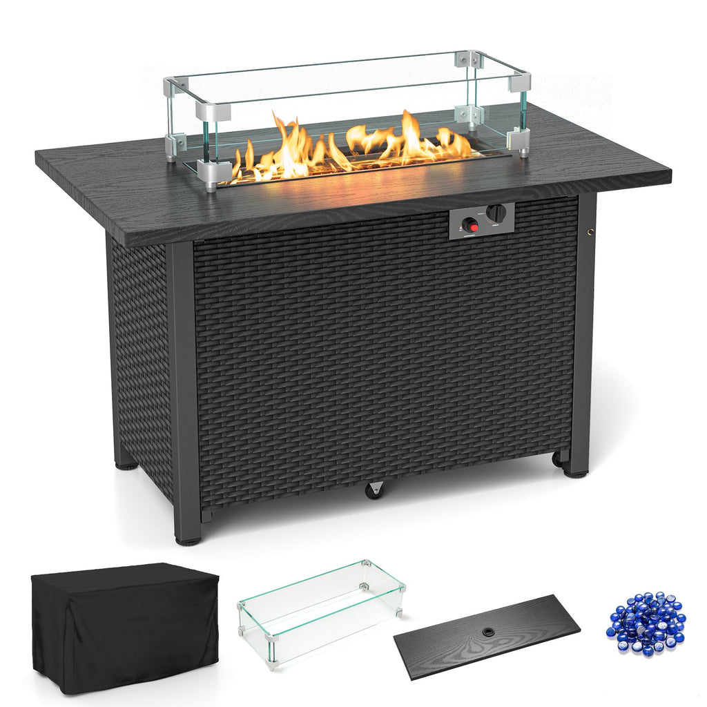 50000 BTU 2 Inch ropane Gas Fire Pit Table with Wind Guard and Glass Rocks