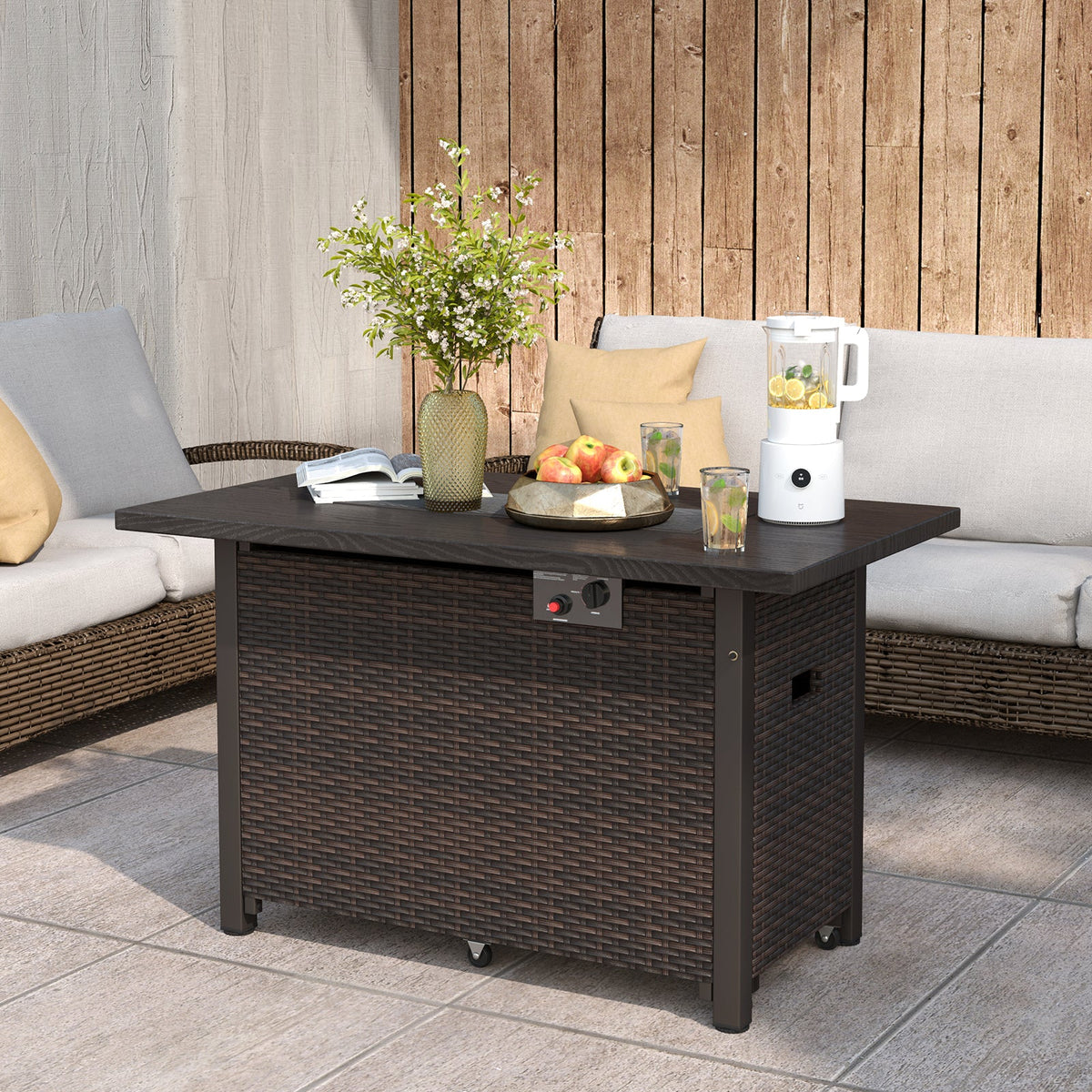 50000 BTU 2 Inch ropane Gas Fire Pit Table with Wind Guard and Glass Rocks