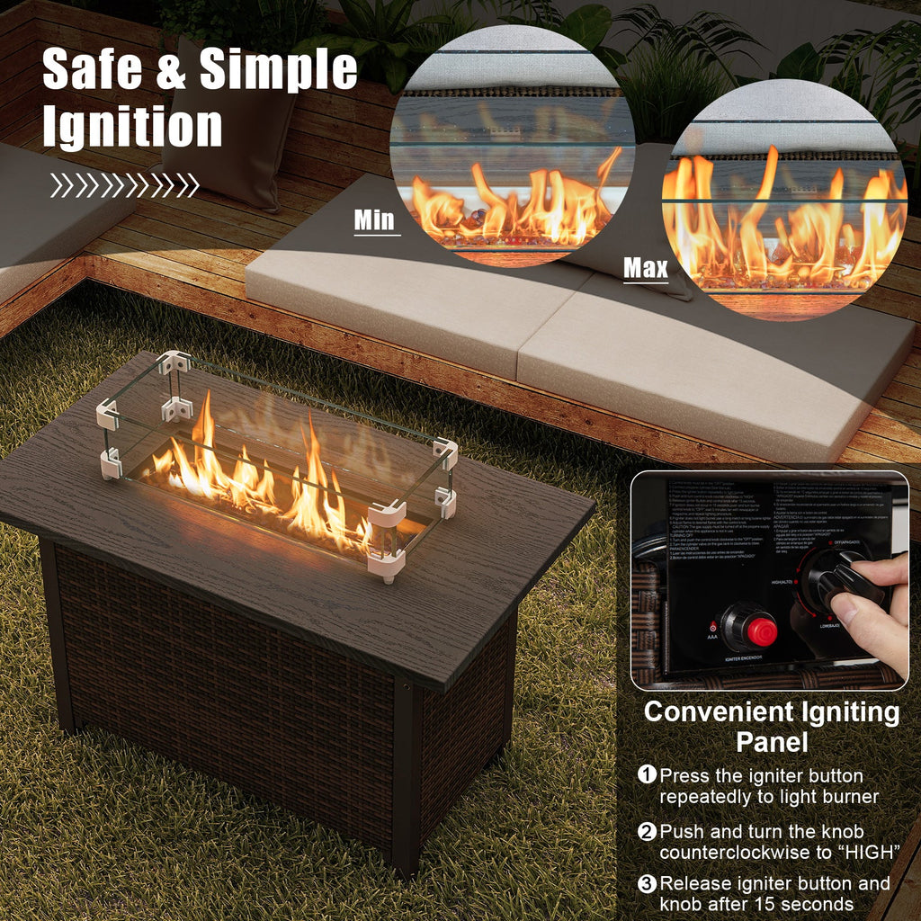 50000 BTU 2 Inch ropane Gas Fire Pit Table with Wind Guard and Glass Rocks