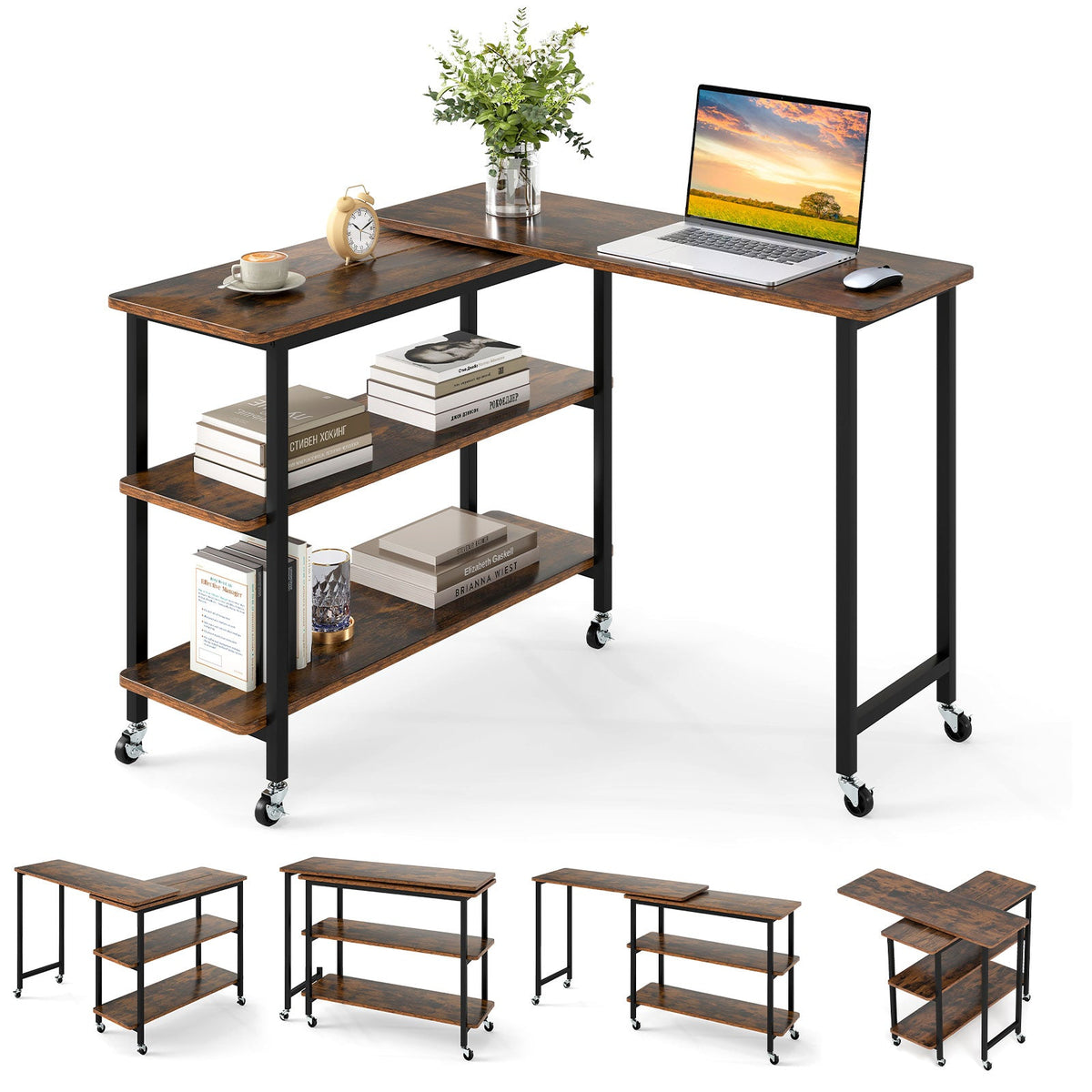 360° Rotating Sofa Side Table with Storage Shelves and Wheels