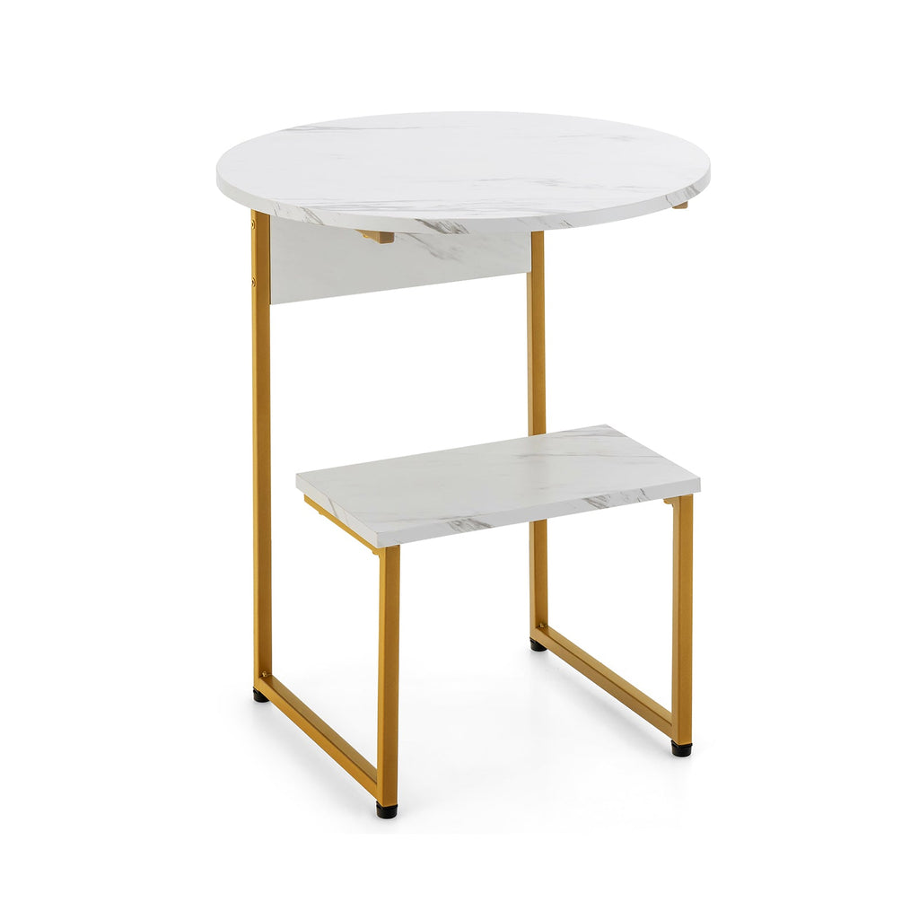 2-Tier Round End Beside Table with Metal Frame-White