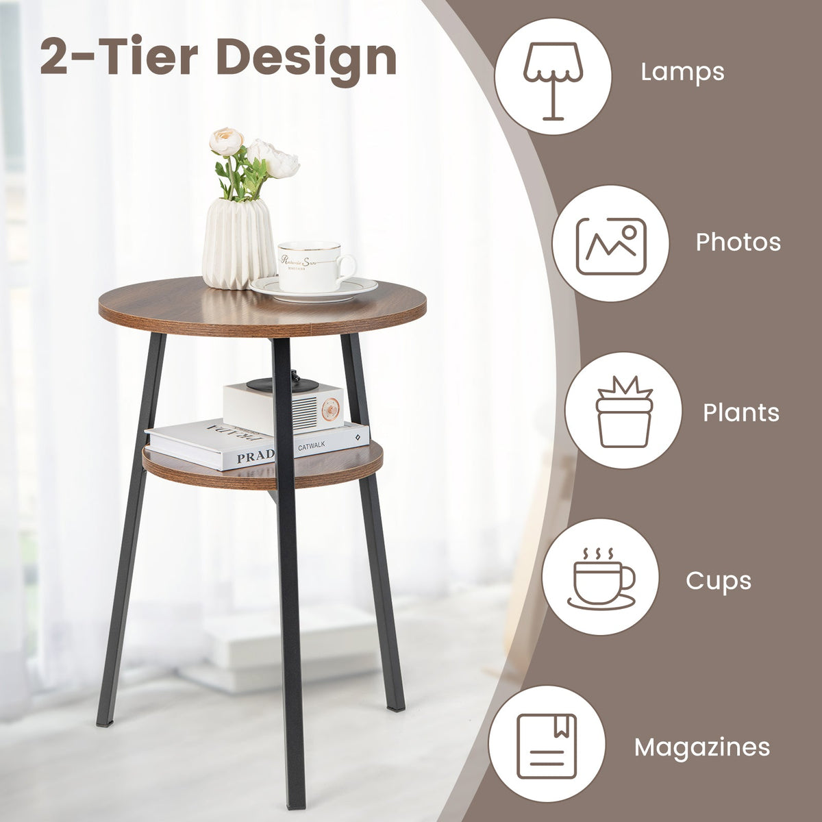 2-Tier Round End Table Set of 2 with Open Shelf and Triangular Metal Frame-Walnut