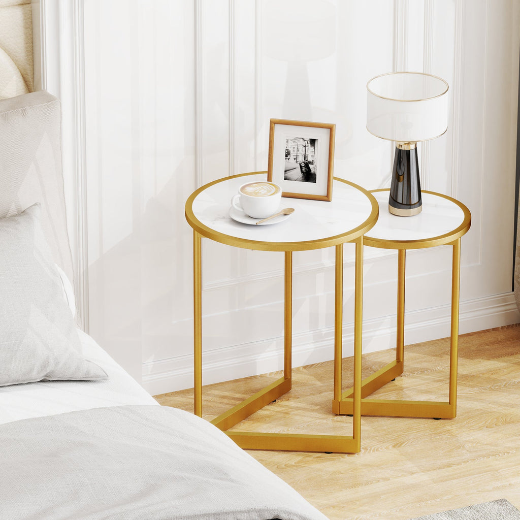 Round Nesting Table Set of 2 with Marble-like Tabletop-White
