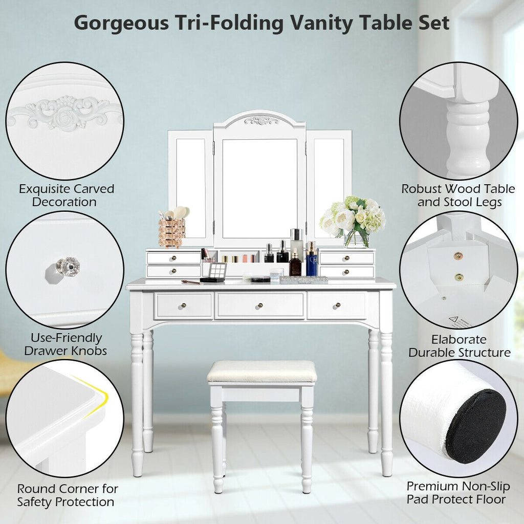 Makeup Dressing Table with Tri-Folding Mirror and Cushioned Stool for Women