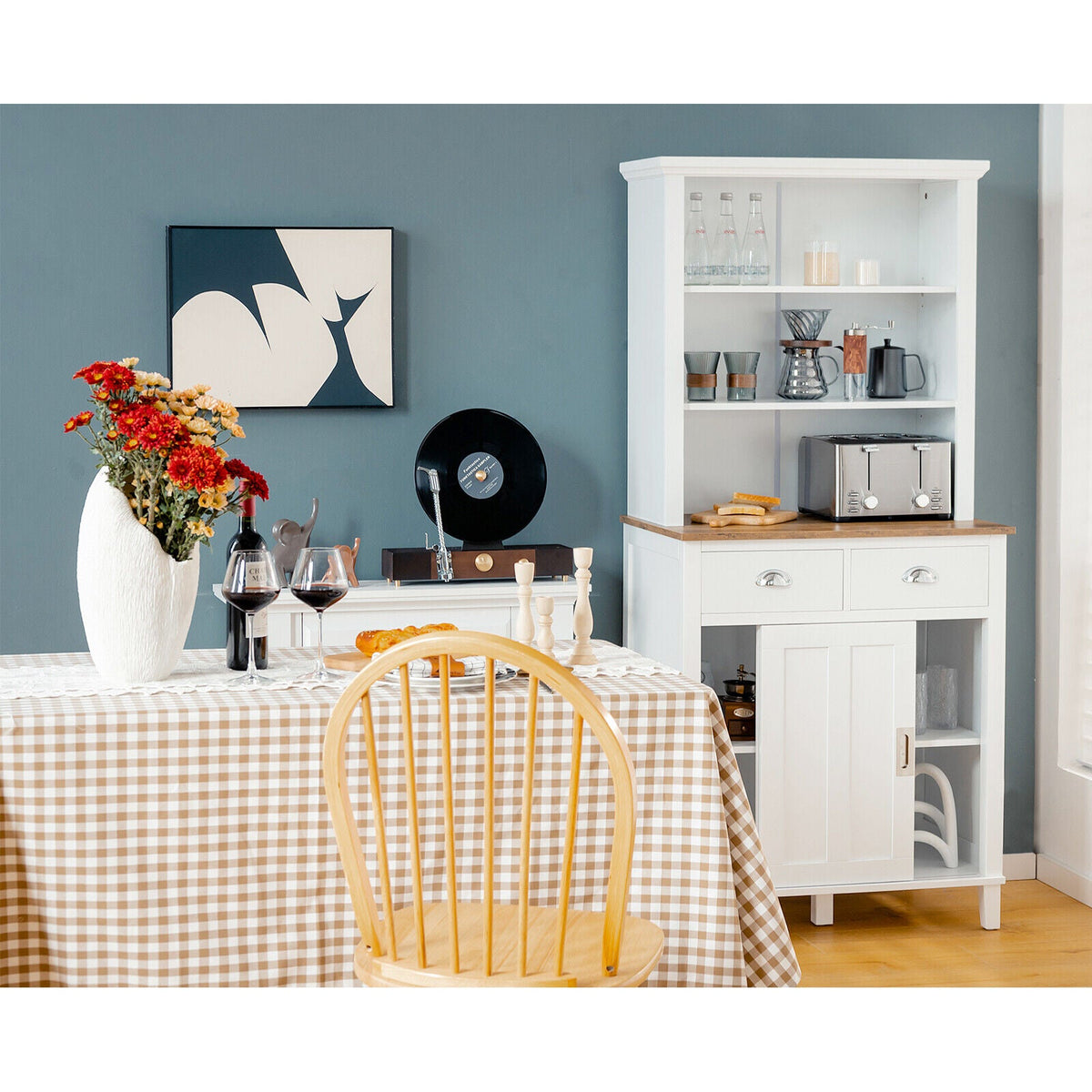 Freestanding Kitchen Pantry with Hutch Sliding Door and Drawer-White