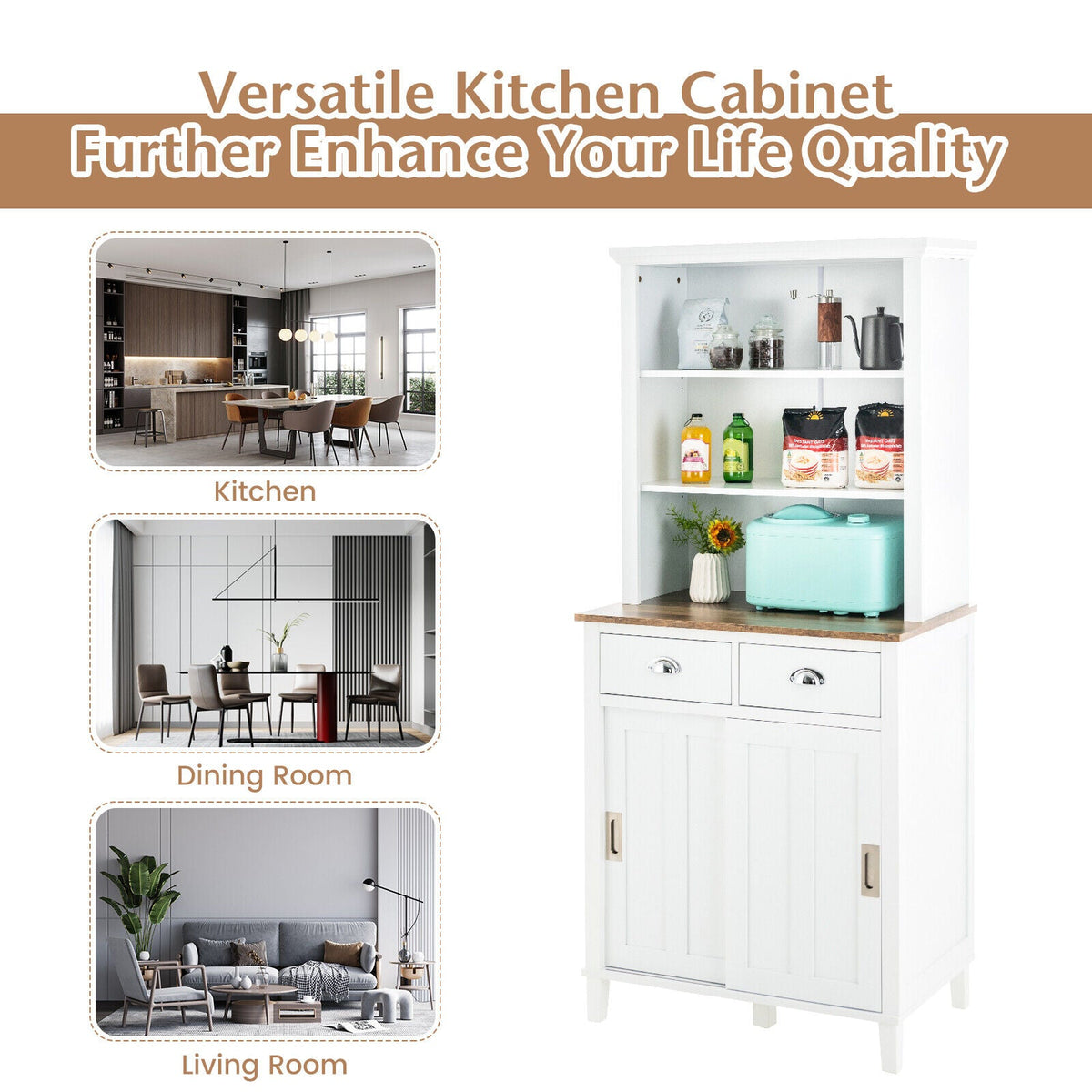 Freestanding Kitchen Pantry with Hutch Sliding Door and Drawer-White