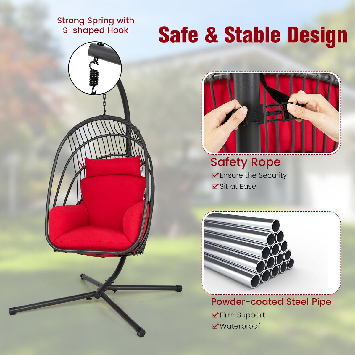 Hanging Folding Egg Chair with Stand Soft Cushion Pillow Swing Hammock