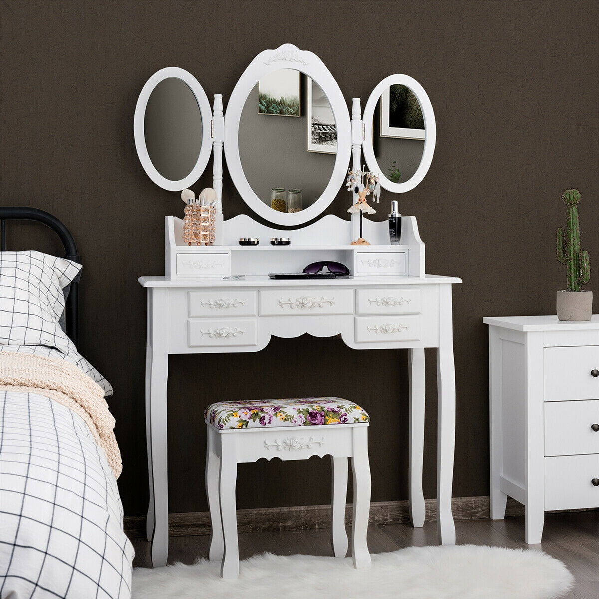7 Drawer Tri-Folding Mirror Dressing Vanity Makeup Set