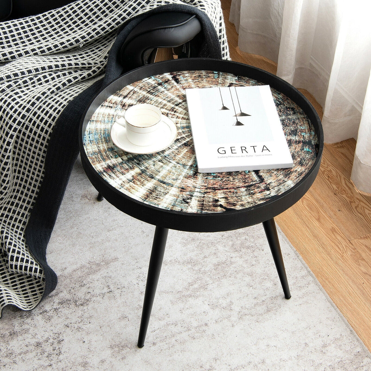 Modern Round End Table with Wooden Tray Top for Living Room Bedroom-Black