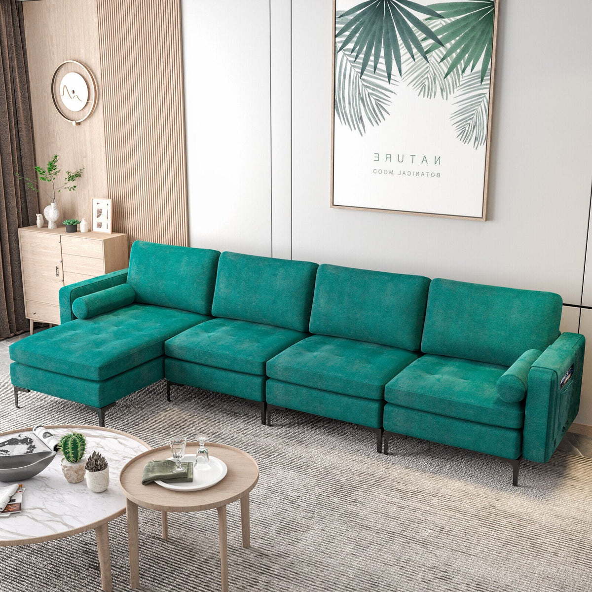 Modular L-shaped 4-Seat Sectional Sofa with Reversible Chaise and 2 USB Socket