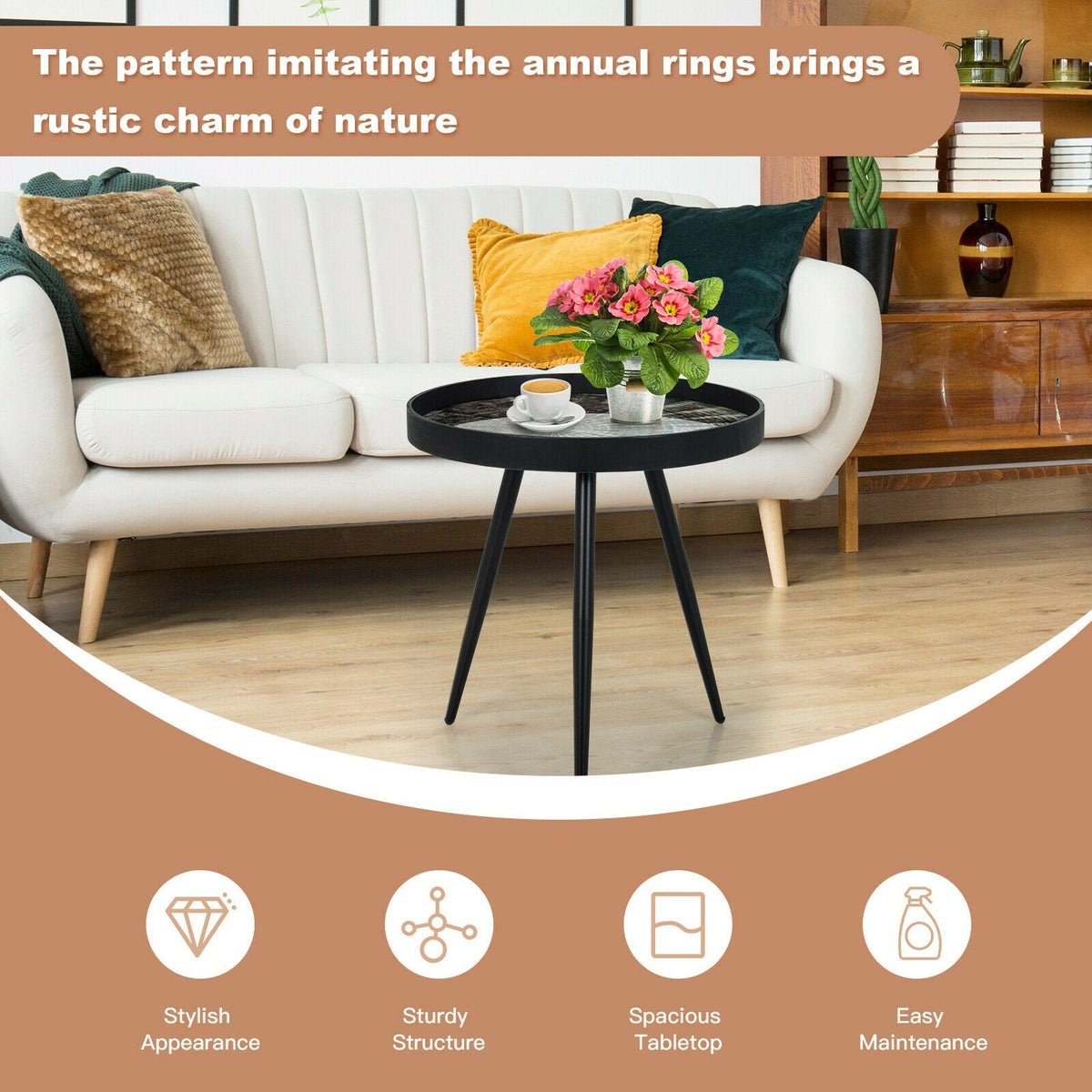 Modern Round End Table with Wooden Tray Top for Living Room Bedroom-Black