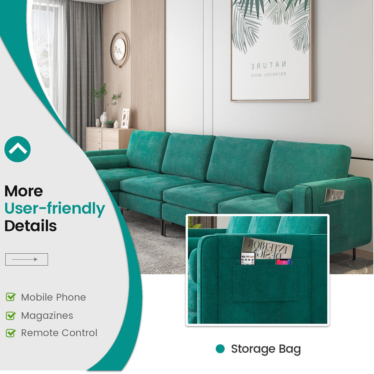Modular L-shaped 4-Seat Sectional Sofa with Reversible Chaise and 2 USB Socket