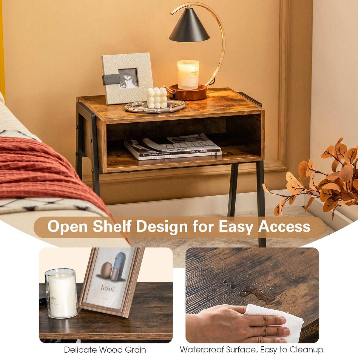 1 Piece Stackable Night Stand Shelf Accent Table with Metal Frame