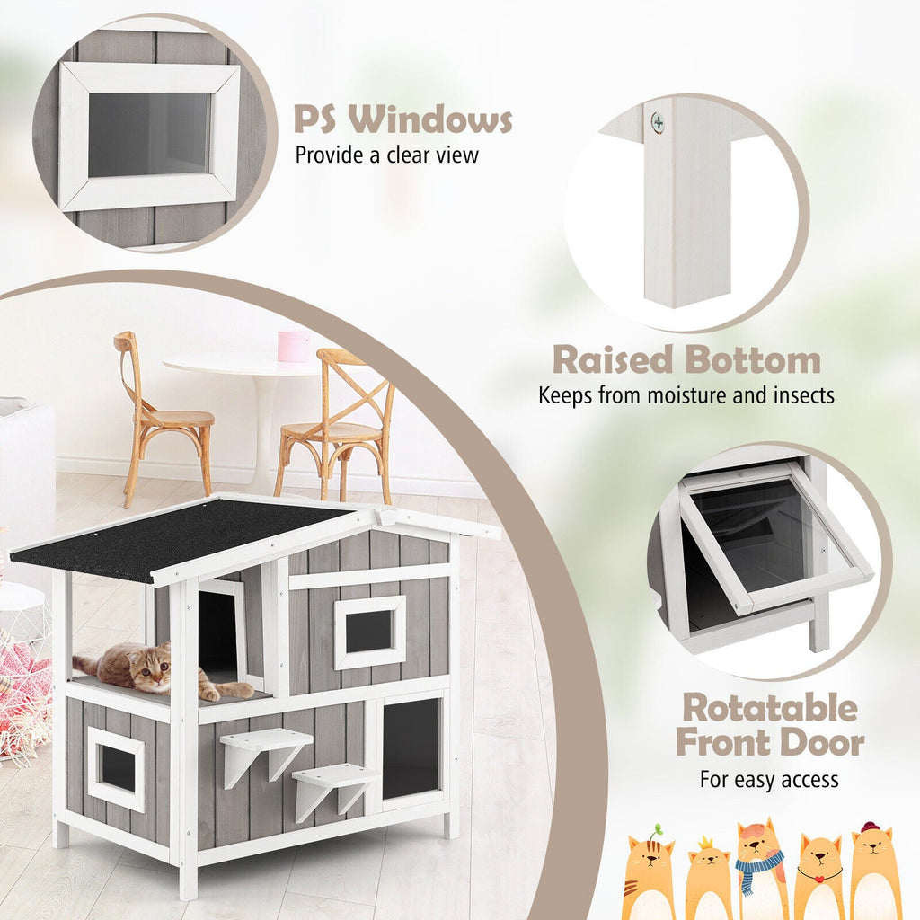 Outdoor 2-Story Wooden Feral Cat House with Escape Door-Gray