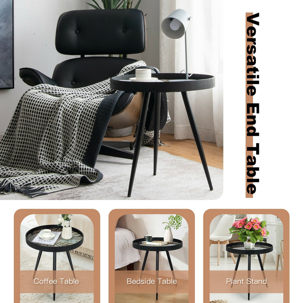 Modern Round End Table with Wooden Tray Top for Living Room Bedroom-Black