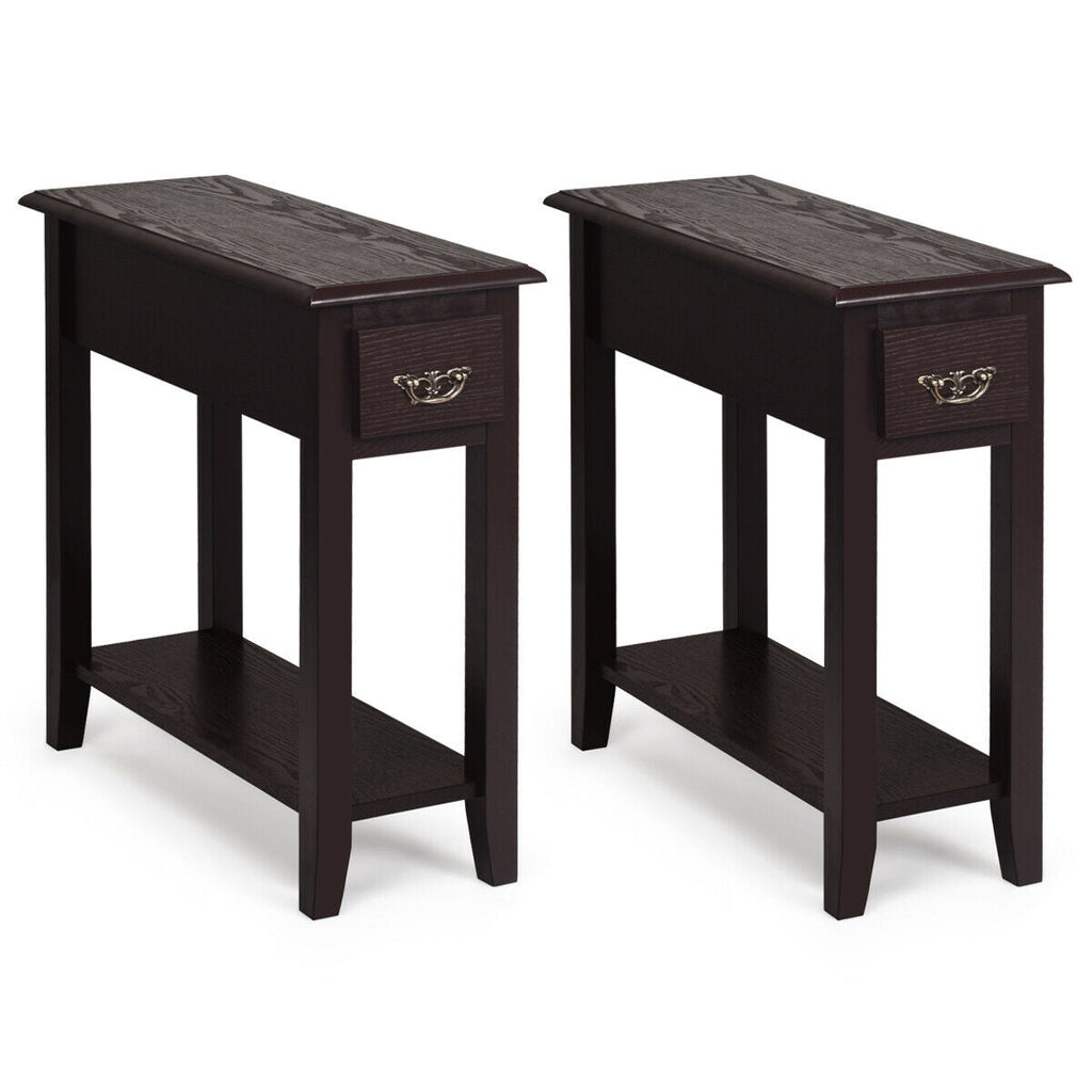 2 Pieces 2 Tier Sofa Side End Table with Drawer and Open Shelf