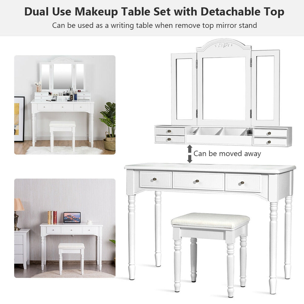 Makeup Dressing Table with Tri-Folding Mirror and Cushioned Stool for Women