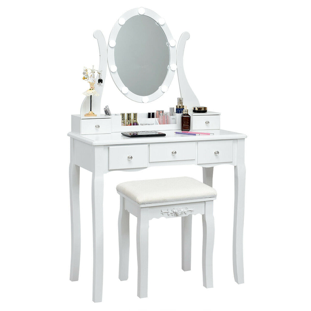 10 Dimmable Lights Vanity Table Set with Lighted Mirror and Cushioned Stool