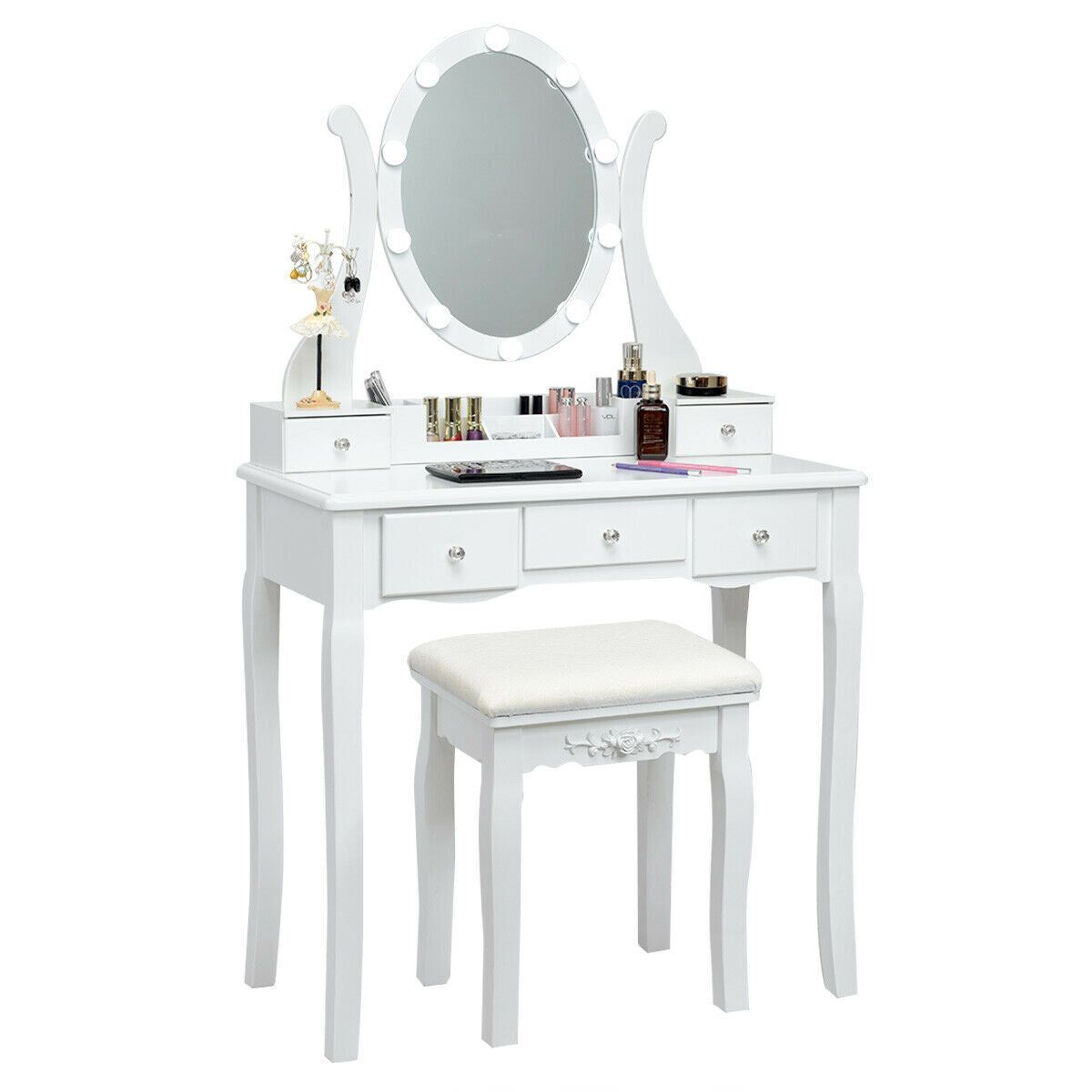 10 Dimmable Lights Vanity Table Set with Lighted Mirror and Cushioned Stool