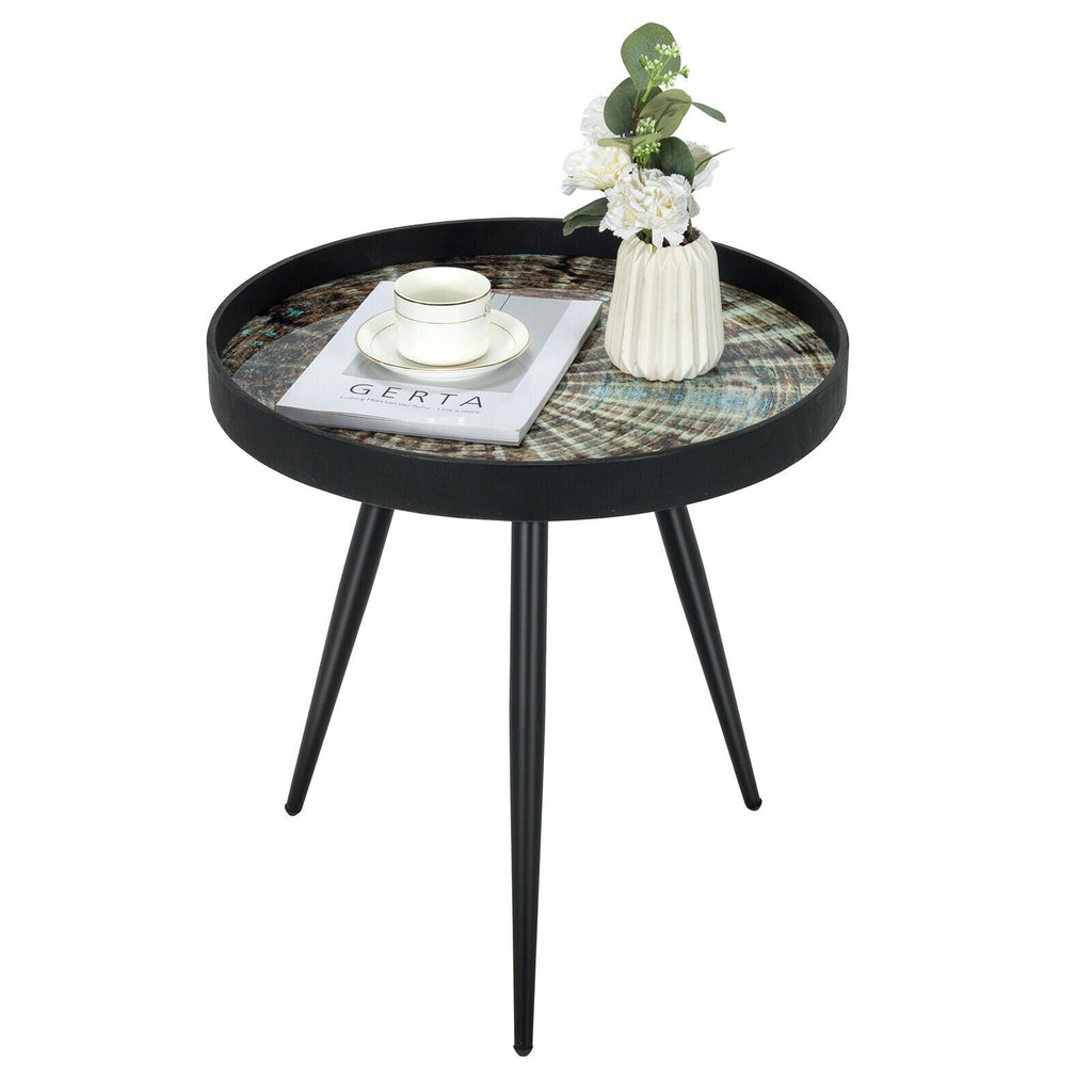 Modern Round End Table with Wooden Tray Top for Living Room Bedroom-Black