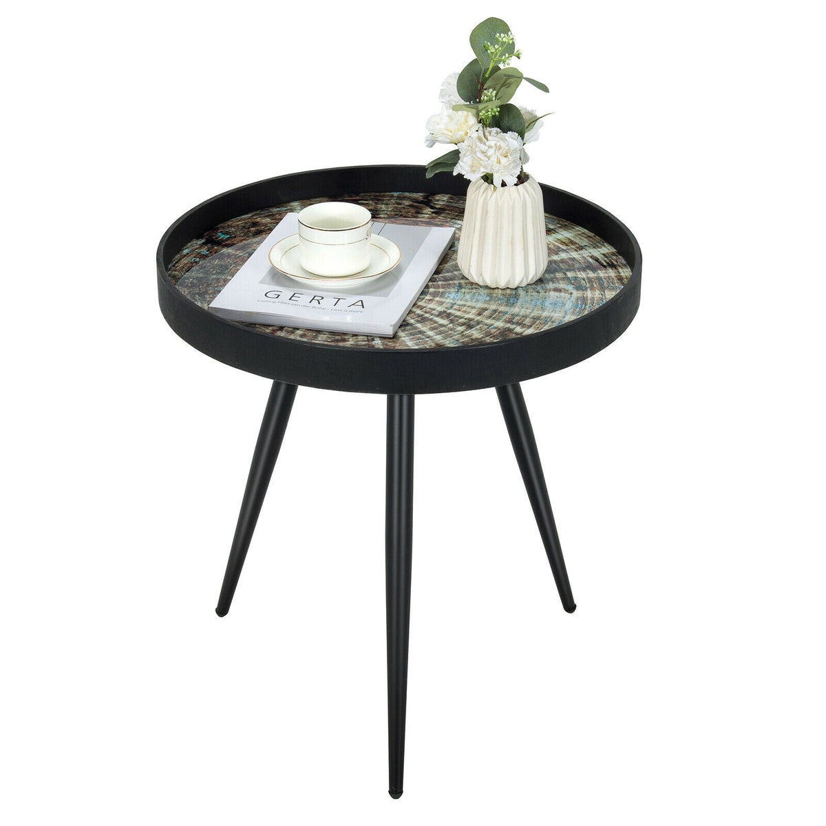 Modern Round End Table with Wooden Tray Top for Living Room Bedroom-Black