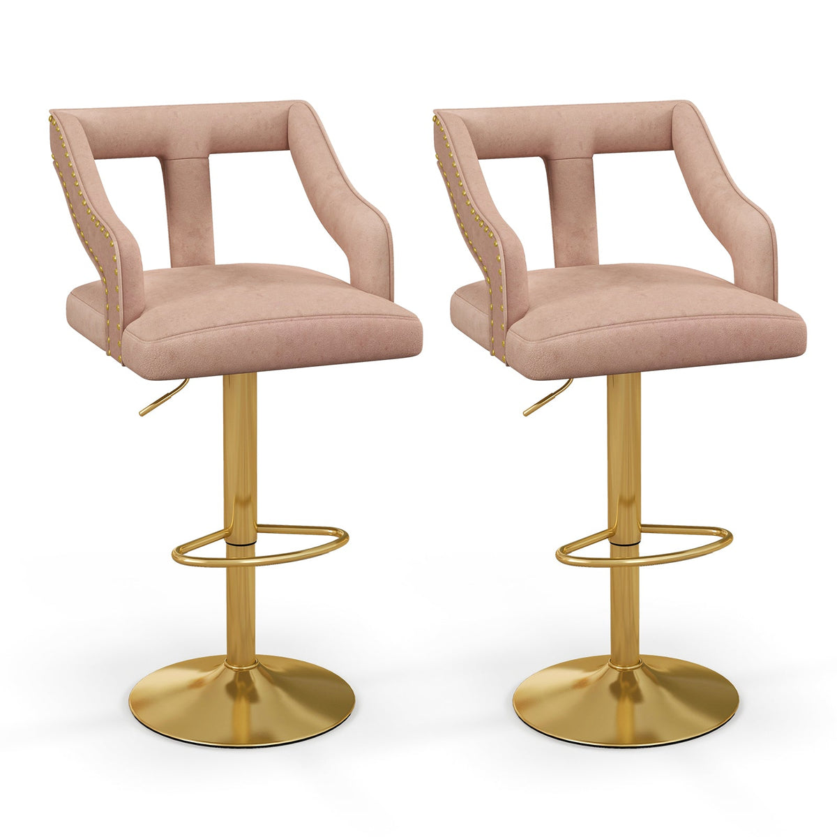 Set of 2 Bar Chairs with Footrest and 2-Layer Electroplated Metal Base