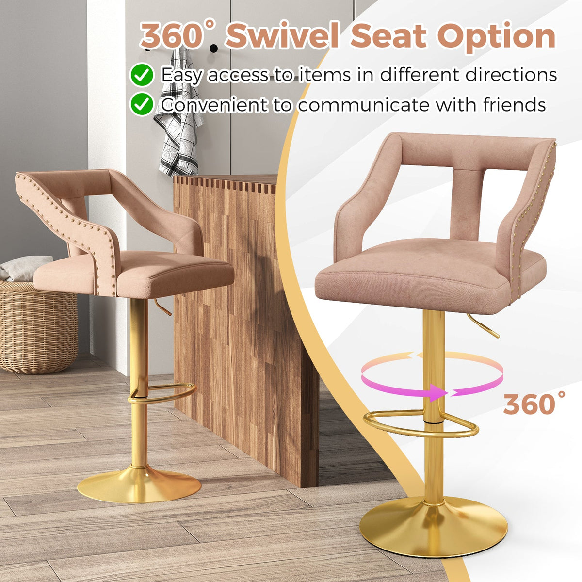 Set of 2 Bar Chairs with Footrest and 2-Layer Electroplated Metal Base