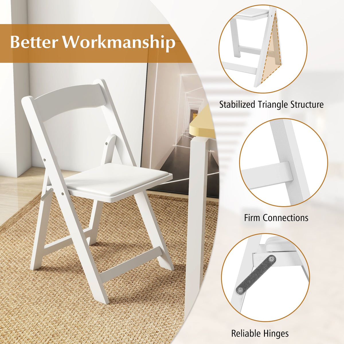 Set of 4 Dining Chairs Foldable Kitchen Chair with Rubber Wood Legs and Padded Seat