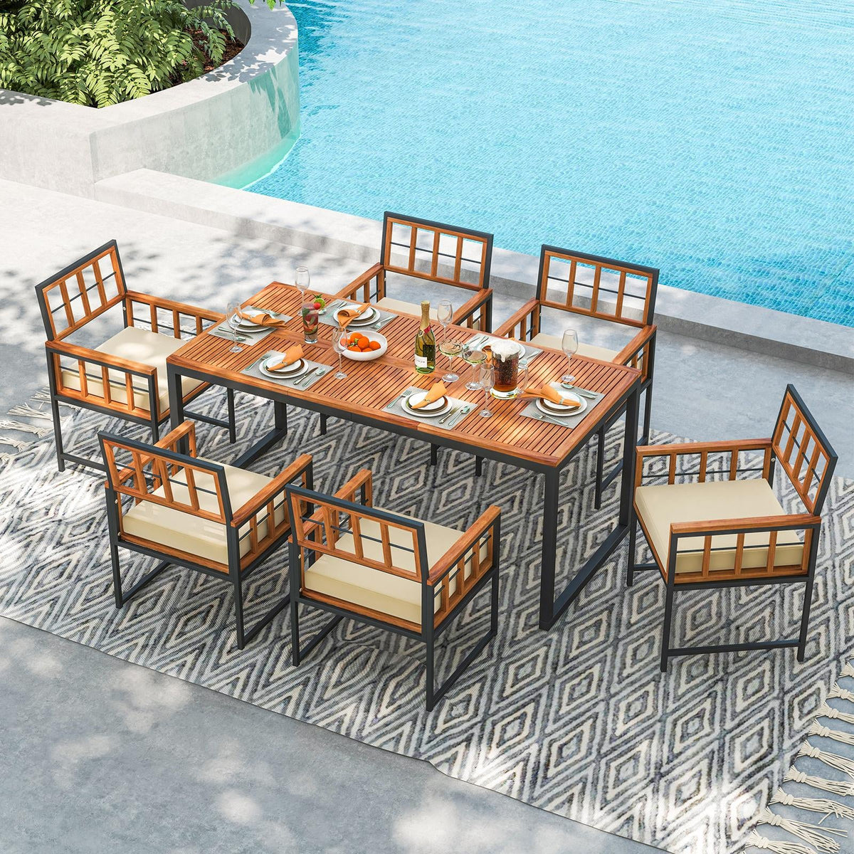 Set of 6 Patio Dining Chairs Acacia Wood Armchairs with Cushions