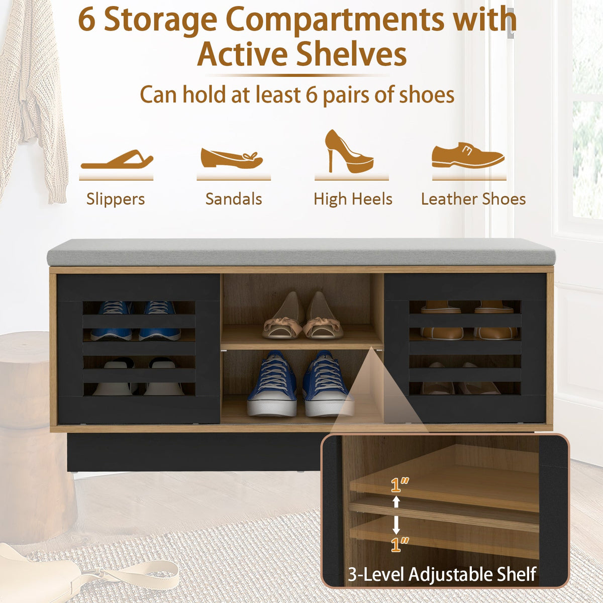 Shoe Bench with 6 Storage Compartments and 3 Adjustable Shelves